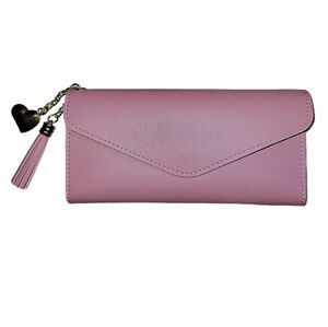 Pink Heart Faux Leather Trifold Long Wallet with Tassle & Gold Heart Charms NWOT
